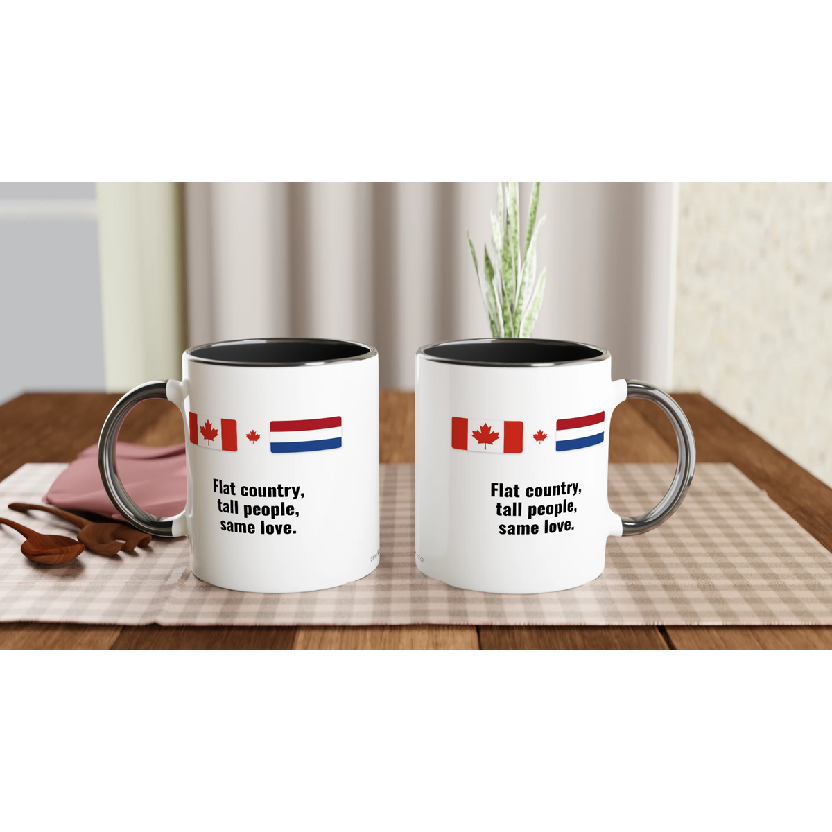 Canada and Netherlands Flag Mug: Flat Country, Tall People, Same Love, view 10