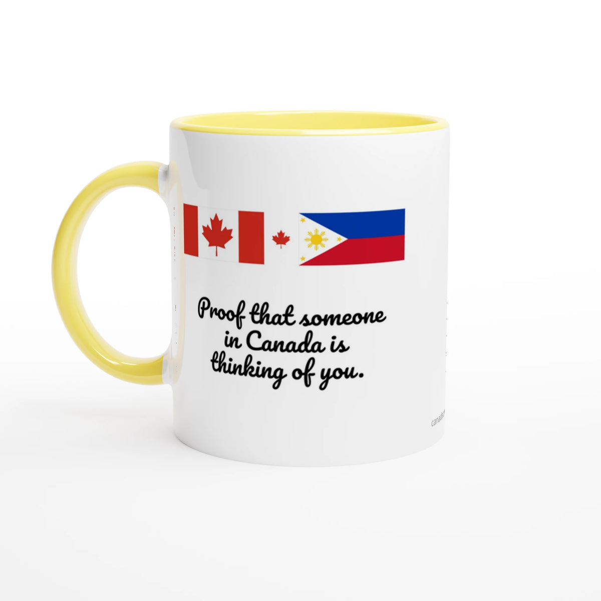 Canada and Philippines flag mug in a home setting