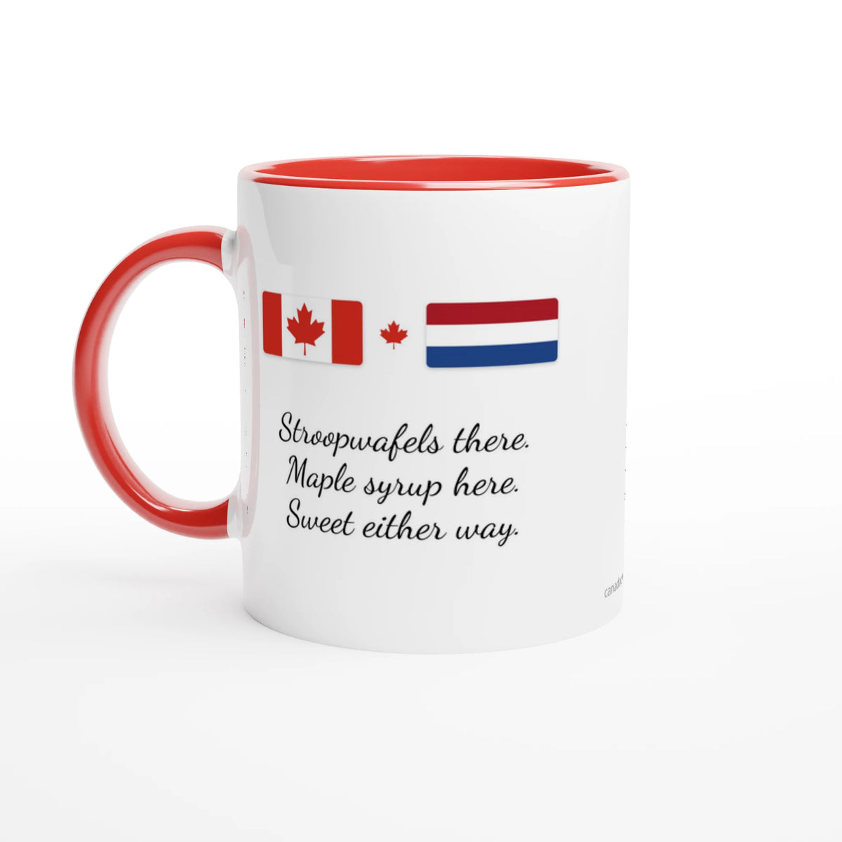 Canada and Netherlands Flag Mug: Stroopwafels There, Maple Syrup Here, view 2