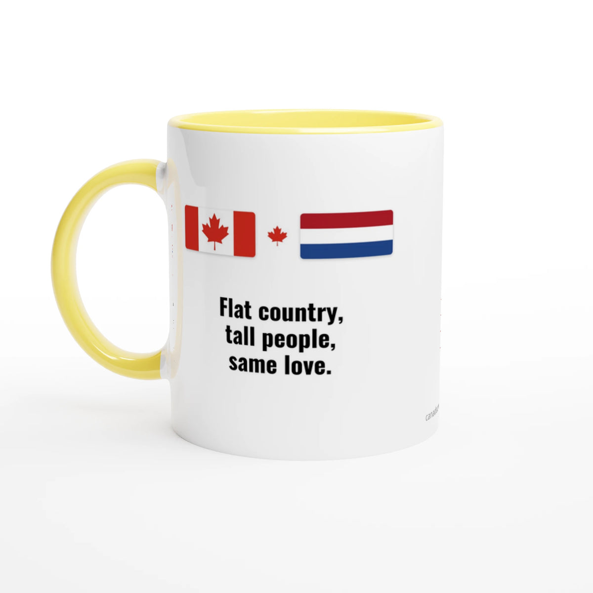Canada and Netherlands Flag Mug: Flat Country, Tall People, Same Love, view 4