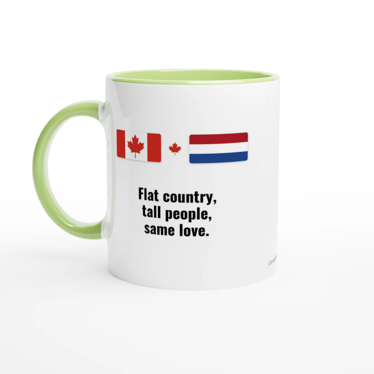 Canada and Netherlands Flag Mug: Flat Country, Tall People, Same Love, view 3