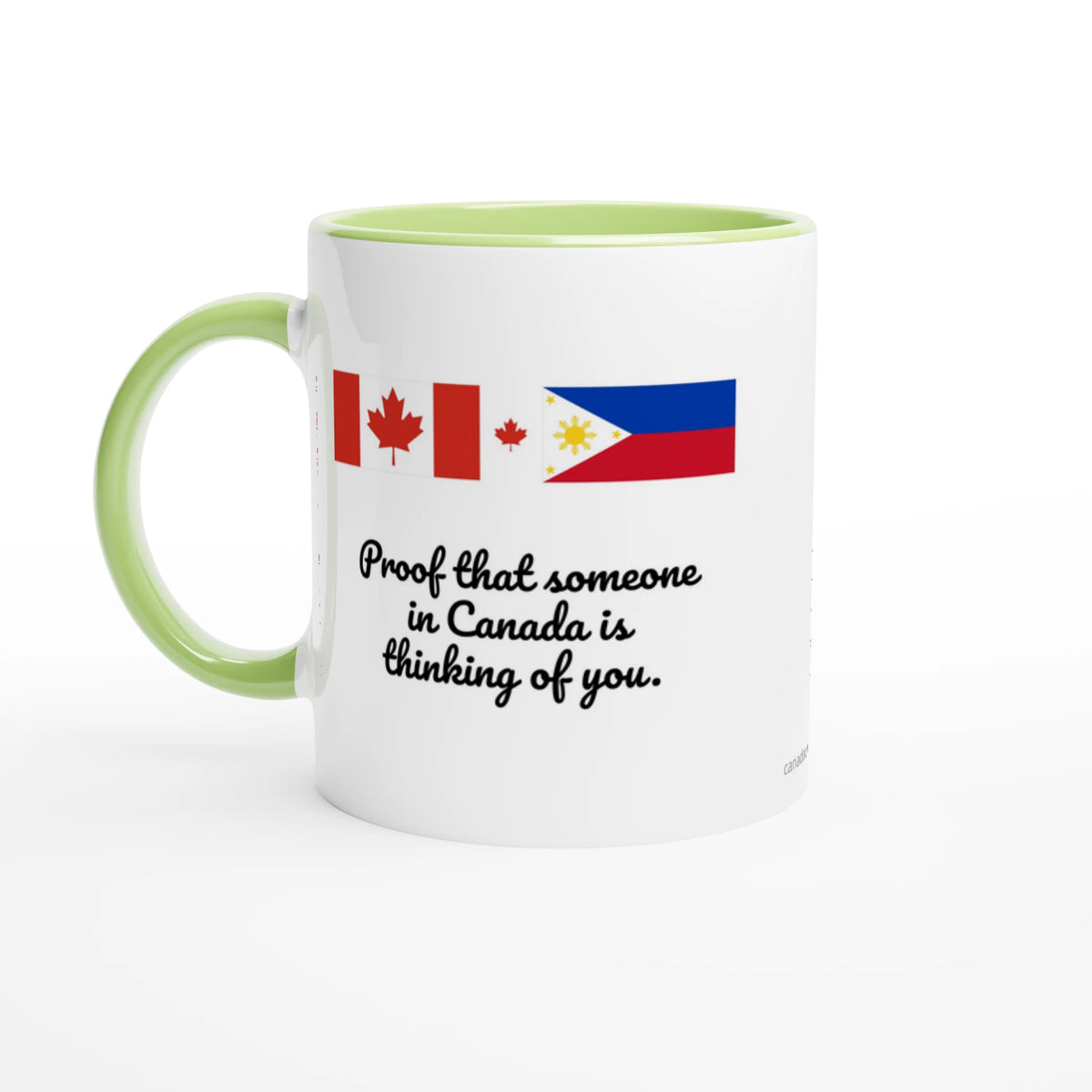 Canada and Philippines flag mug in a home setting
