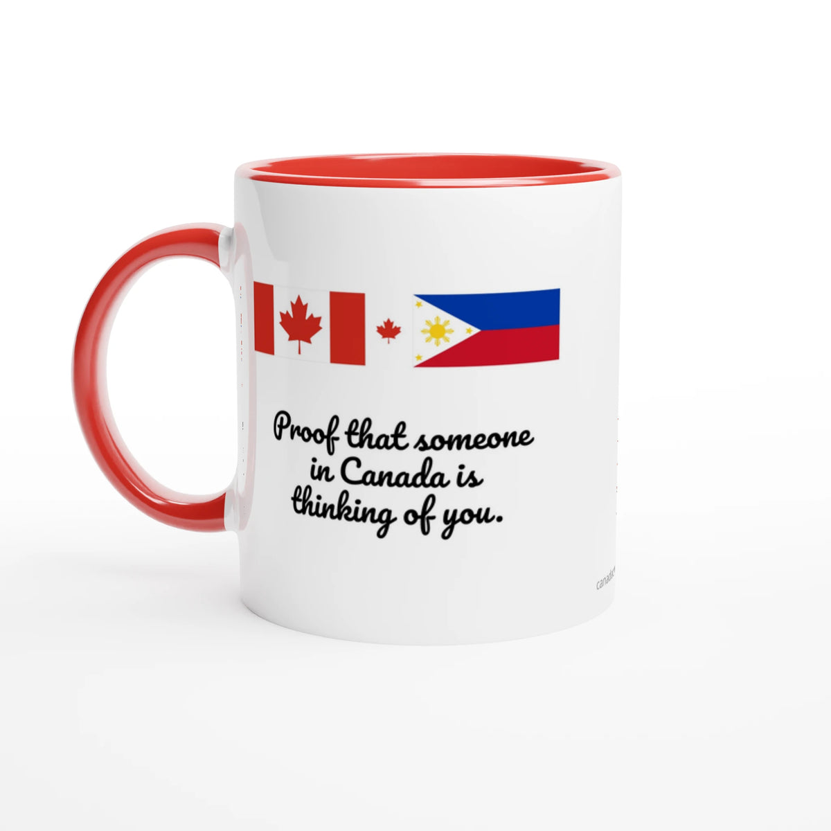 Canada and Philippines flag mug in a home setting
