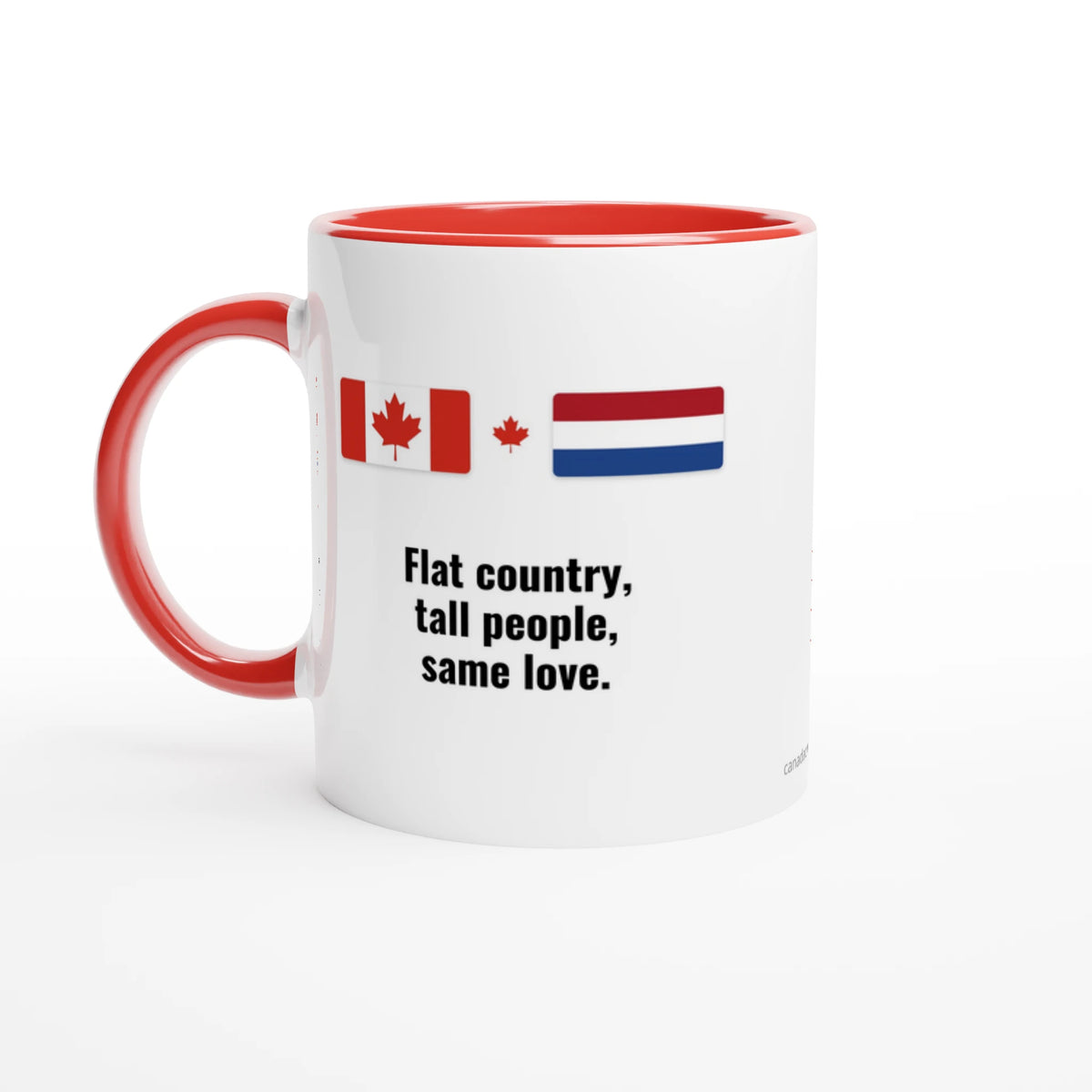 Canada and Netherlands Flag Mug: Flat Country, Tall People, Same Love, view 5